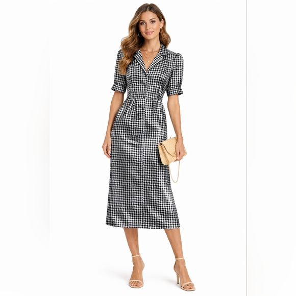 BCBG Paris Dresses & Skirts - Vintage RARE BCBG Paris Silk Satin Houndstooth Shirt Dress Size 6